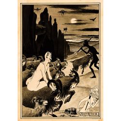 Night Scene with Goats and Devils. Black magic art. Occult style for wall decor. A witches sabbath with demons. 443.