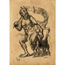 Azazel with a goat. Demonic wall hanging. De Plancy's Infernal Dictionary. Poster of Jewish demonology. 587.