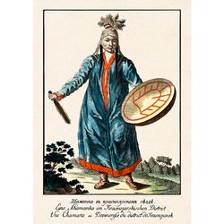Siberian woman shaman beats a tambourine. Poster in ethnic style. Tribal illustration. Folklore gift. 240 H.