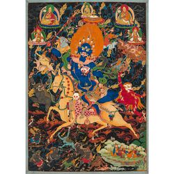 Hindu goddess of death Kali riding a horse surrounded by a host of deities. Tibetan art print. Asian goddess artwork 111