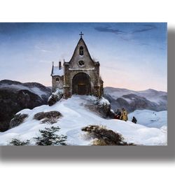 Chapel on a mountain in winter. Art in a romantic style. Reproduction by Ernst Ferdinand Oehme. 11.