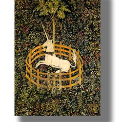 The Unicorn in Captivity. Medieval art print. Reproduction of a medieval miniature. Unicorn gift. 49.