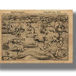 Sea animals and monsters on an ancient map. Medieval illustration. Nautical home decoration. Poster with fairy fish. 114