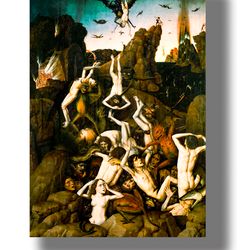 The Overthrow of the Damned in Hell. Medieval art. Demonology wall hanging. Religious print. Infernal home decor. 159