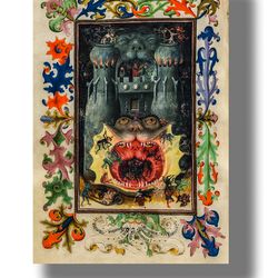 The Mouth of Hell. Hellmouth art print. Medieval miniature. Sinners and demons poster. Infernal decor. 306.