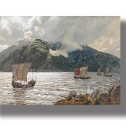Viking Ships in the Sognefjord. Northern poster with drakkars. Scandinavian style decoration. 709.