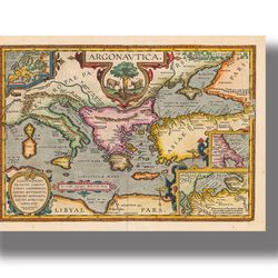Voyage of the Argonauts Map Print. Old map print of Mediterranean region. 1809.
