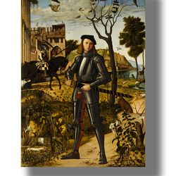 Young Knight in a Landscape. Medieval Art Print. European art reproduction. Historical design. 695.