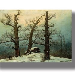 Cairn in Snow or Giant's grave in the snow. Mysterious and atmospheric painting. Caspar David Friedrich artwork. 643.