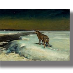 In February. Atmospheric winter painting. Print with a wolf in the snow. Painting by Alfred Verusz-Kowalski. 868.