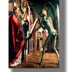 Saint Wolfgang and the Devil. Gothic home decor. Print with Lucifer on canvas, plywood, handmade paper. 689