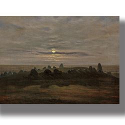 A Stone Age mound under a full moon. Mysterious poster with a full moon. Carl Gustav Carus poster. Atmospheric art. 642.