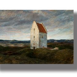 Landscape with Skagen's old church. Gothic scenery wall hanging. Danish painting artwork. Nordic landscape print 853.