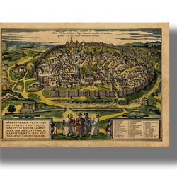 Antique map of Jerusalem. Medieval style home decoration. Antique art print. Ancient geography decor. 551.