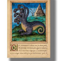 Seven-headed dragon from an ancient manuscript. Mythical snake poster. Medieval bestiary picture. 600 H.