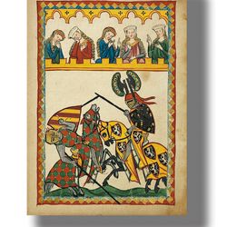 Codex Manesse. Medieval illustrated manuscript art poster. Vintage picture wall hanging. Medieval Art Print. 561.
