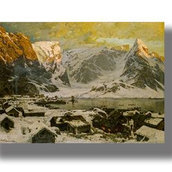 Winter Reine In Lofoten. Snowy mountains and harsh Norwegian fjord. Otto Sinding painting. Scandinavian art print. 603.