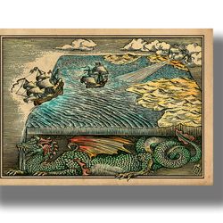 The flat Earth map. A beautiful reproduction from an ancient book. Print with ships and a dragon. 430.