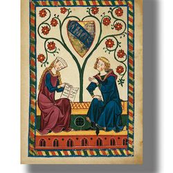 Medieval Lovers from Codex Manesse. Wedding gift. Handmade paper poster. A romantic love gift. Vintage design. 694
