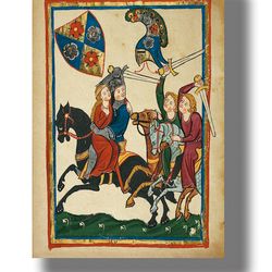 Lovers and their pursuers from a medieval manuscript Codex Manesse. A gift for a history lover. Medieval craft. 765.