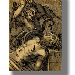 Torment of sinner in hell. A fantastic poster with devils and demons. Satanic decoration. Demonic print. 729.