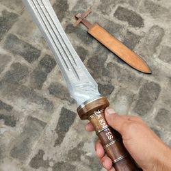 beautiful handmad damascus steel double edge sword, battle ready with sheath, best gift