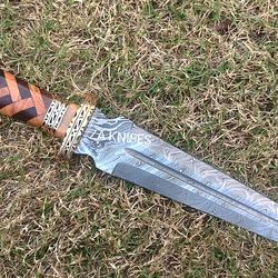 beautiful handmade damascus dubble edge 16inch with leather sheath