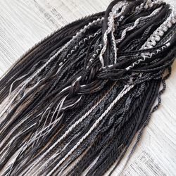 Double ended synthetic dreads, boho dreadlocks, black silver crocheted dreadlocks, full set 55 DE dreadlocks and braids