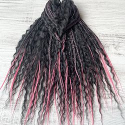Curly dreads Synthetic crochet dreads extensions Double ended braids, ombre black pink , 55 DE braids and Ariel curls