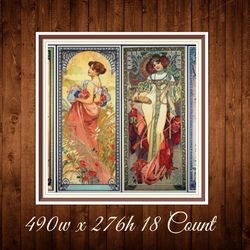 Seasons Cross Stitch Pattern Alphonse Mucha 1890s 490w x 276h 18 Count PDF Vintage Counted