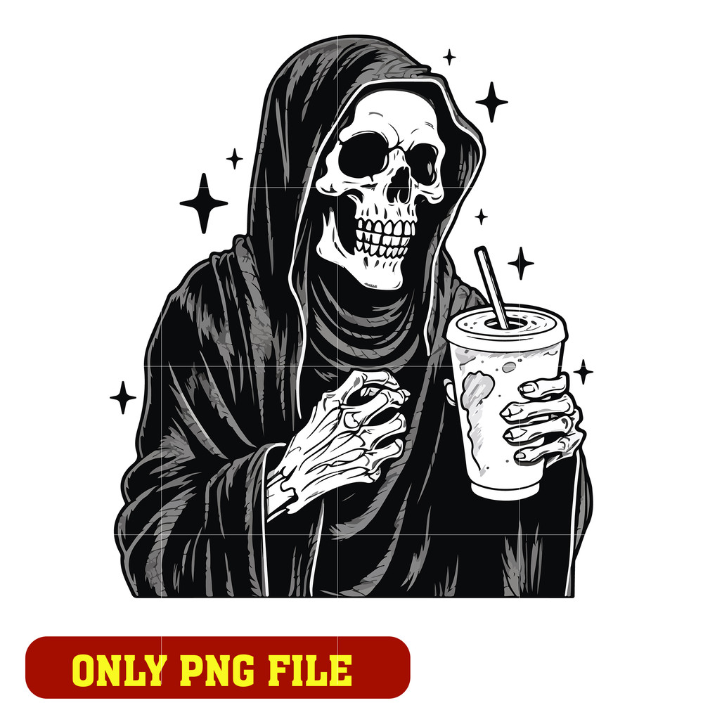 Skeleton Grim Reaper Drinking Iced Coffee png