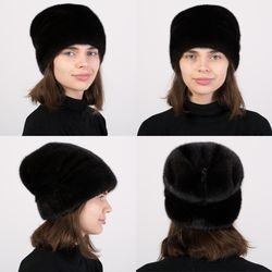 Woman Winter Real Fur Mink Hat Kubanka From Luxury Fur Black Mink Fashion Warm Hat