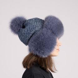 Women's Fur Hat with Ushanka Real Fox Fur, Ushanka Hat Knitted, Fur Hat, Real Fur hat, Real Fur Ushanka Hat, Beanie hat