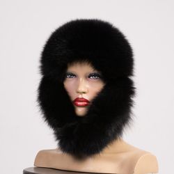 Woman Fur Hat with Earflaps Made of Real Arctic Fox Fur and Genuine Black Leather