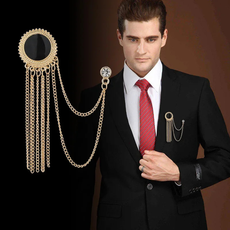 Mens Black Tassel Corsage Brooch Metal Rhinestone Collar Pin For Suit Shirt Jewelry 0