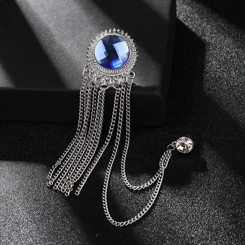 Mens Black Tassel Corsage Brooch Metal Rhinestone Collar Pin For Suit Shirt Jewelry 9