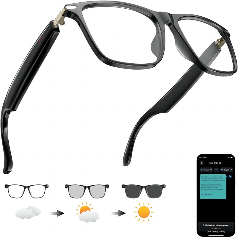 Smart AI Translation Glasses with Photochromic Lenses, Real-Time Languages Translator for Travel & Business