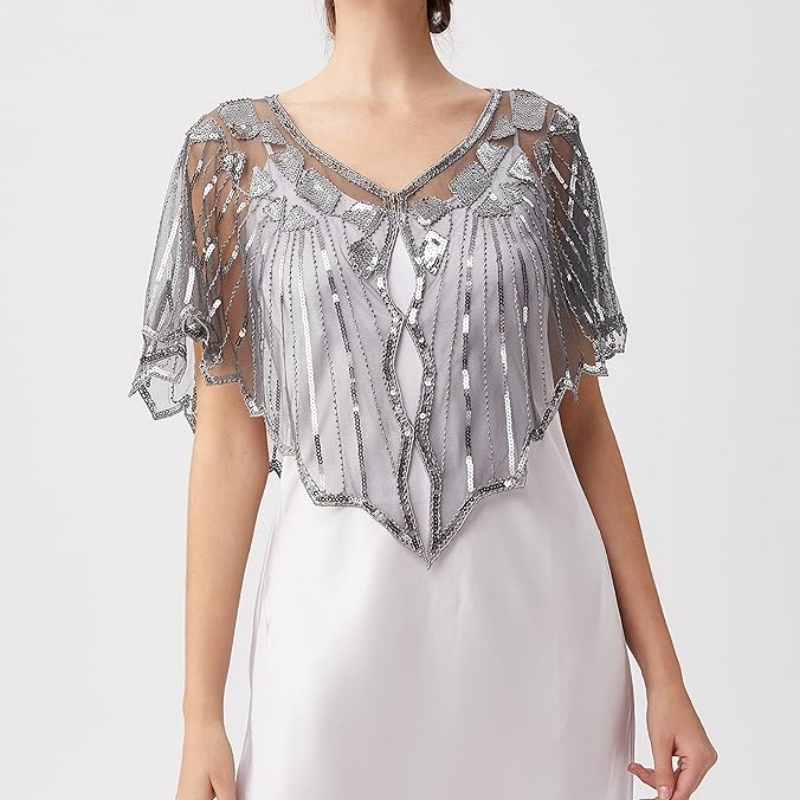 Retro Beaded Sequin Flapper Shawl Loose Decoration Outerwear Short Cape Evening Party Ladies Cloak 3