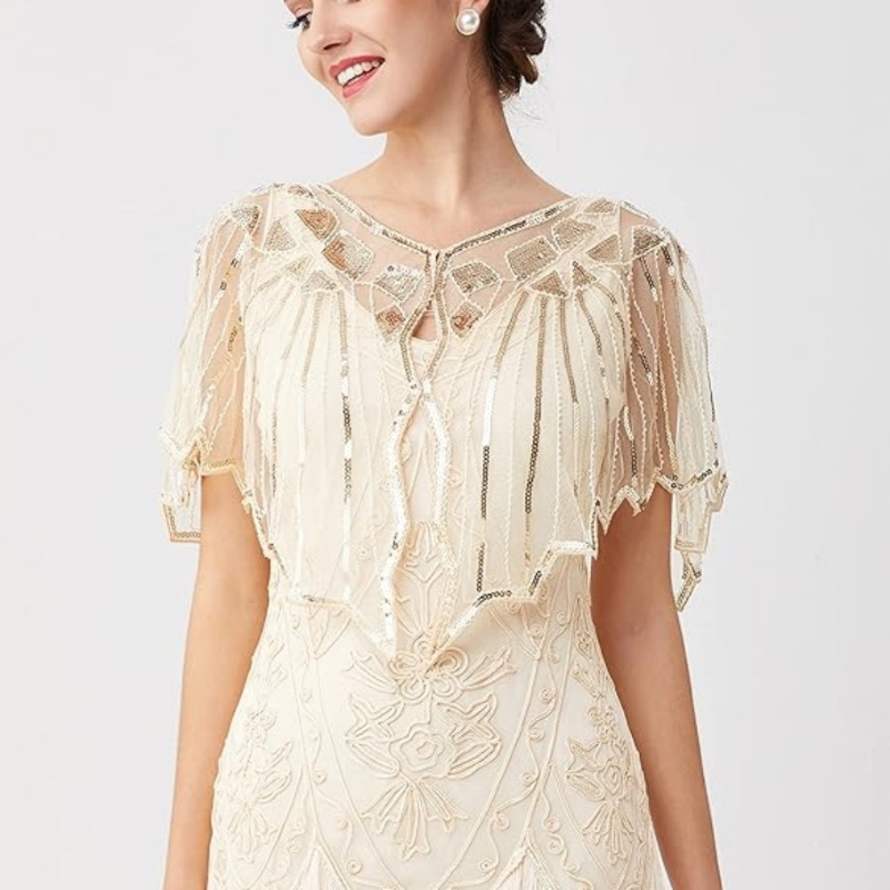 Retro Beaded Sequin Flapper Shawl Loose Decoration Outerwear Short Cape Evening Party Ladies Cloak 1