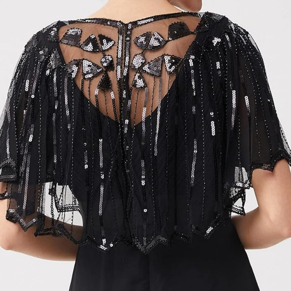 Retro Beaded Sequin Flapper Shawl Loose Decoration Outerwear Short Cape Evening Party Ladies Cloak 4