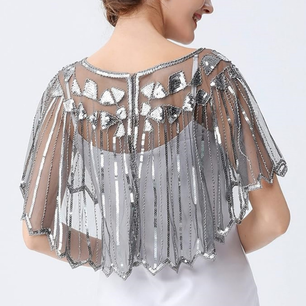 Retro Beaded Sequin Flapper Shawl Loose Decoration Outerwear Short Cape Evening Party Ladies Cloak 5