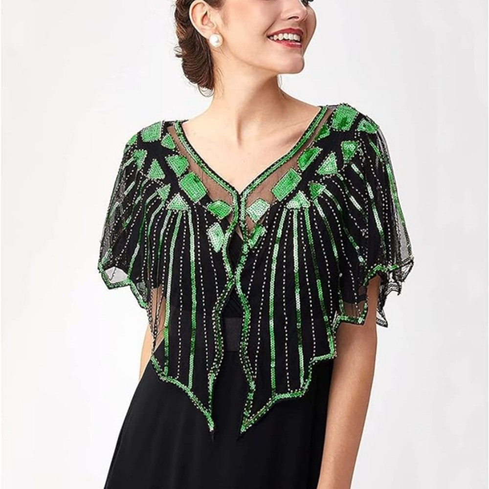 Retro Beaded Sequin Flapper Shawl Loose Decoration Outerwear Short Cape Evening Party Ladies Cloak 15