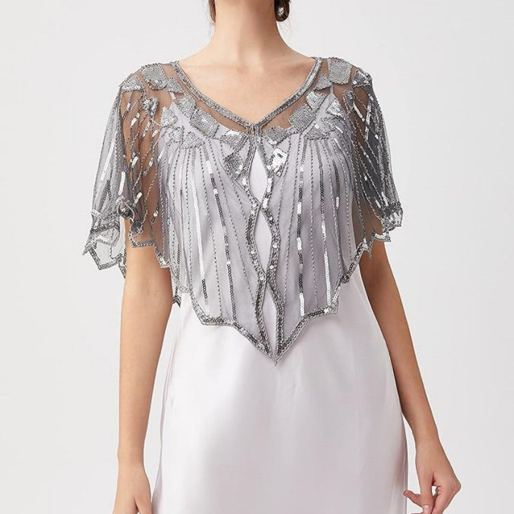 Retro Beaded Sequin Flapper Shawl Loose Decoration Outerwear Short Cape Evening Party Ladies Cloak 12
