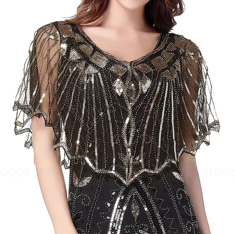 Retro Beaded Sequin Flapper Shawl Loose Decoration Outerwear Short Cape Evening Party Ladies Cloak 16