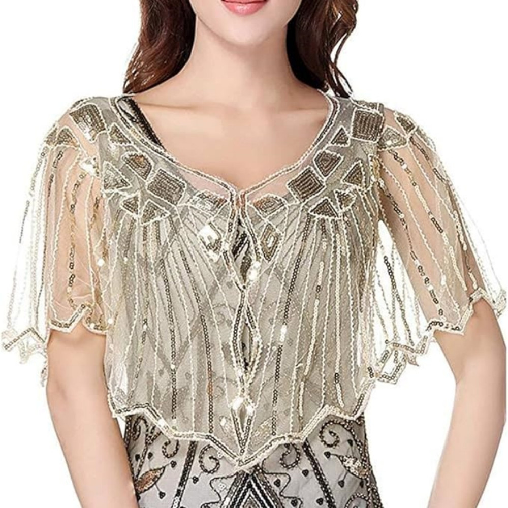 Retro Beaded Sequin Flapper Shawl Loose Decoration Outerwear Short Cape Evening Party Ladies Cloak 19