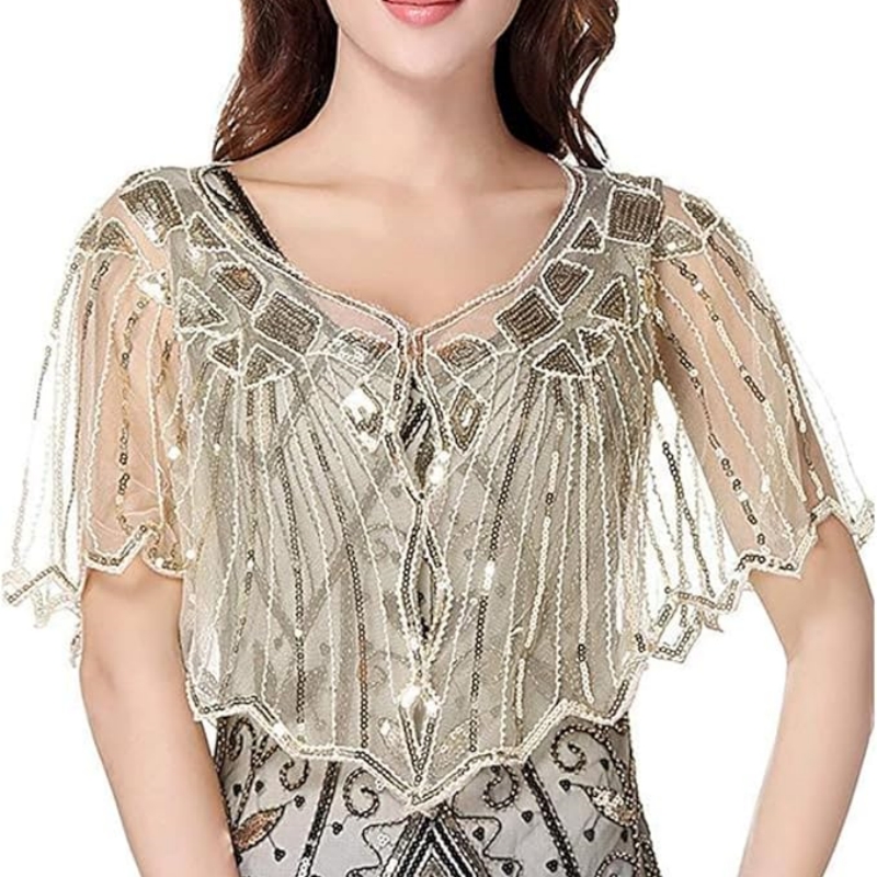 Retro Beaded Sequin Flapper Shawl Loose Decoration Outerwear Short Cape Evening Party Ladies Cloak 19