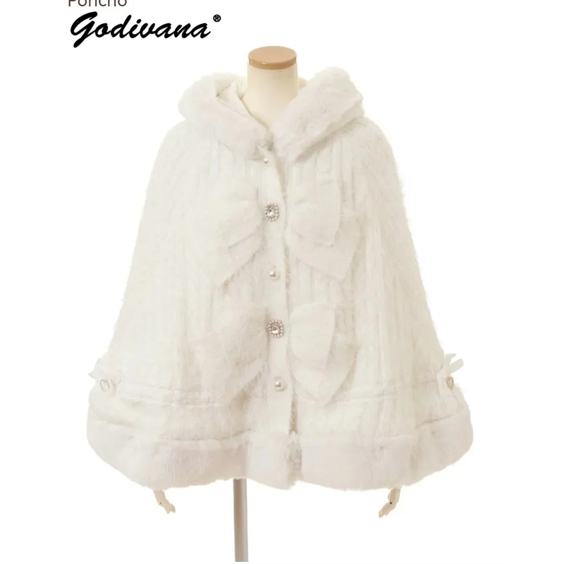 Japanese Sweet Soft Thick Womens DoubleLayer Big Ribbon Hooded Knitted Cloak Cozy Autumn  Winter Po 1