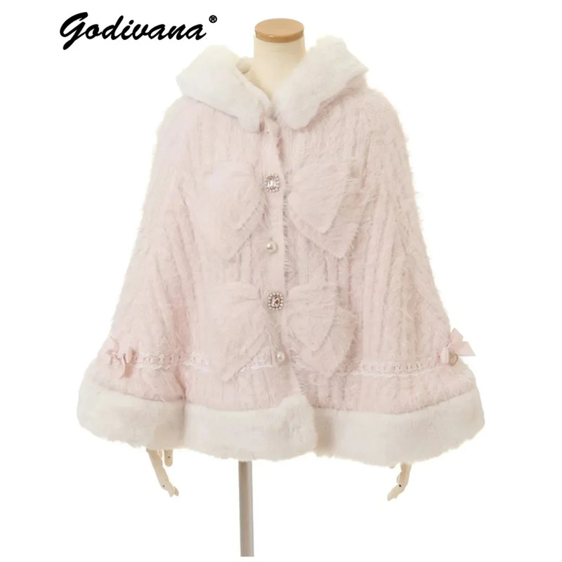 Japanese Sweet Soft Thick Womens DoubleLayer Big Ribbon Hooded Knitted Cloak Cozy Autumn  Winter Po 2