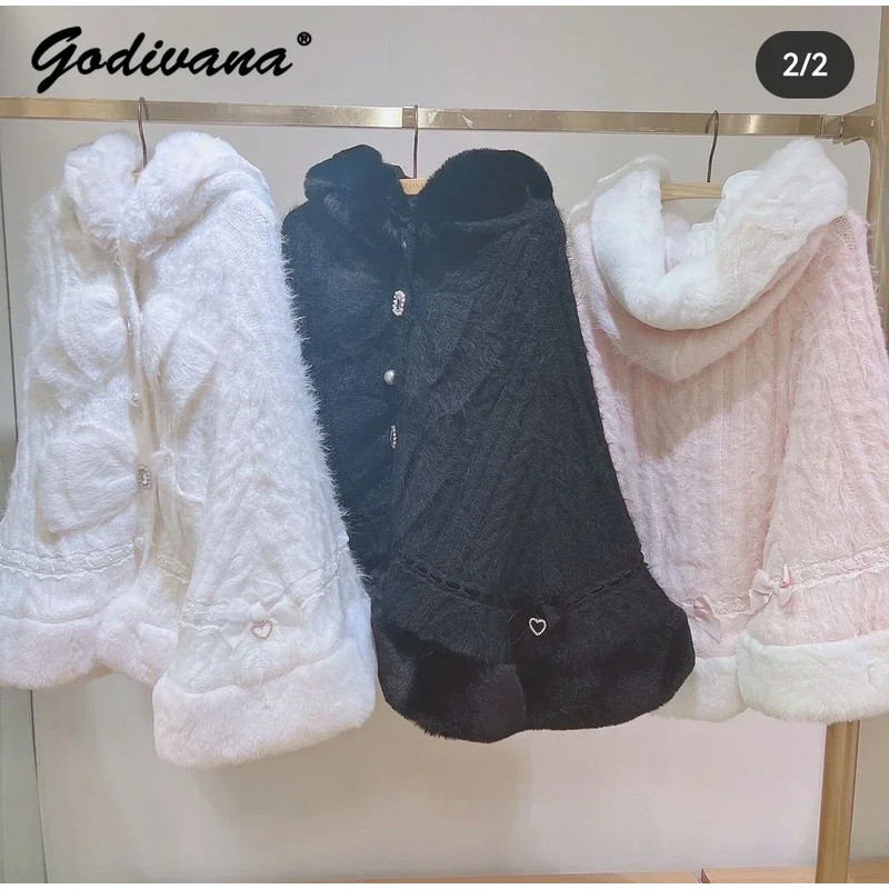 Japanese Sweet Soft Thick Womens DoubleLayer Big Ribbon Hooded Knitted Cloak Cozy Autumn  Winter Po 3