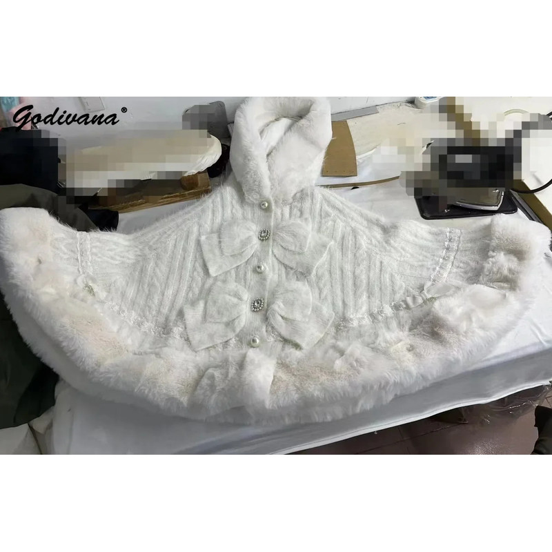 Japanese Sweet Soft Thick Womens DoubleLayer Big Ribbon Hooded Knitted Cloak Cozy Autumn  Winter Po 4